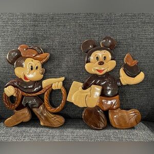 Disney Brown and Tan Carved Mickey Cowboy & Mickey School Wooden Wall Plaques